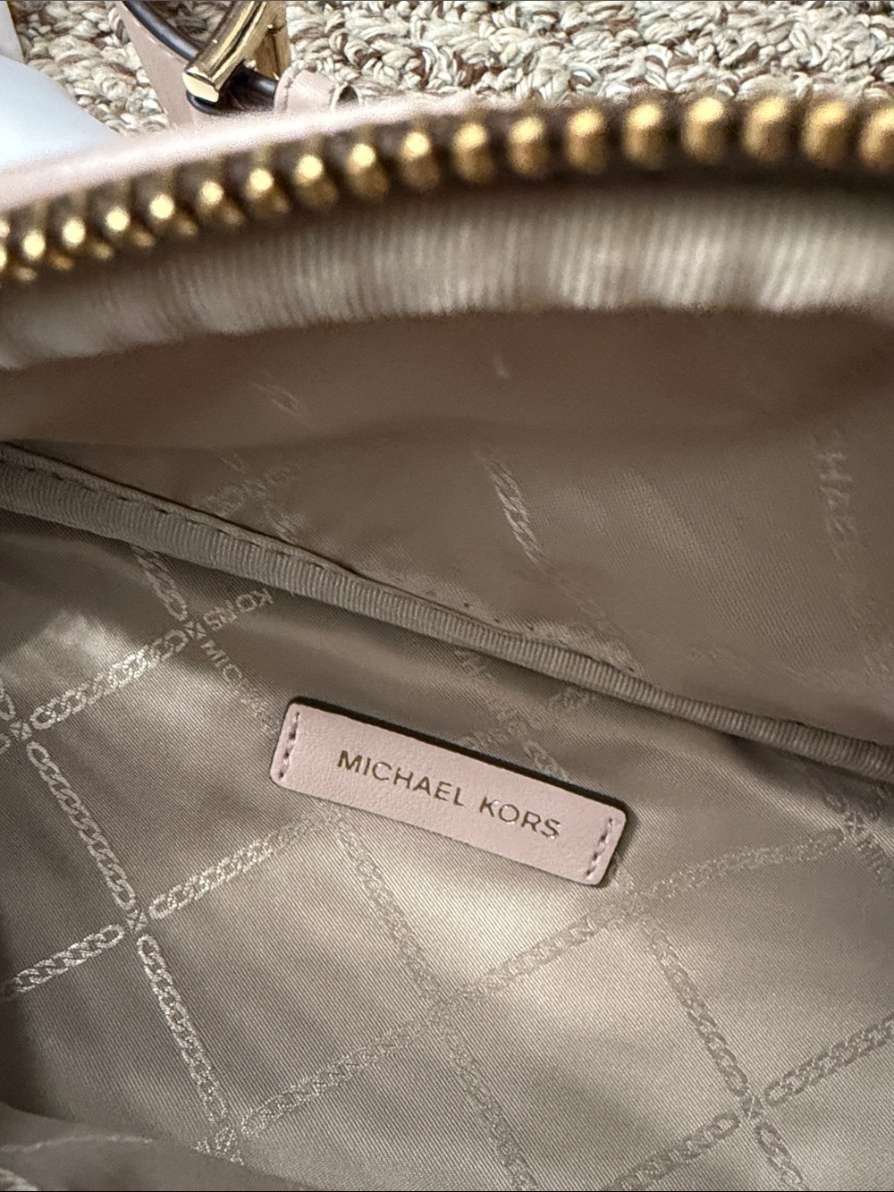 Michael Kors Brown Monogram Crossbody Belt Bag with Gold Hardware and pink Trim - Picture 2 of 9